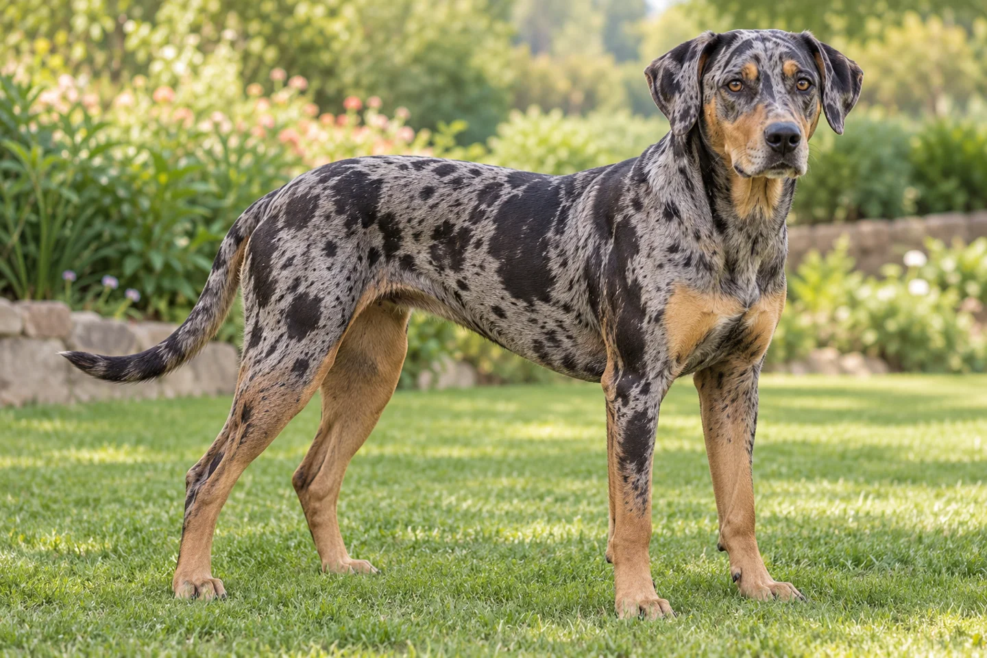 Catahoula Leopard Dog, adult standing on grass, showing short blue-leopard coat, brown eyes, natural ears and full tail