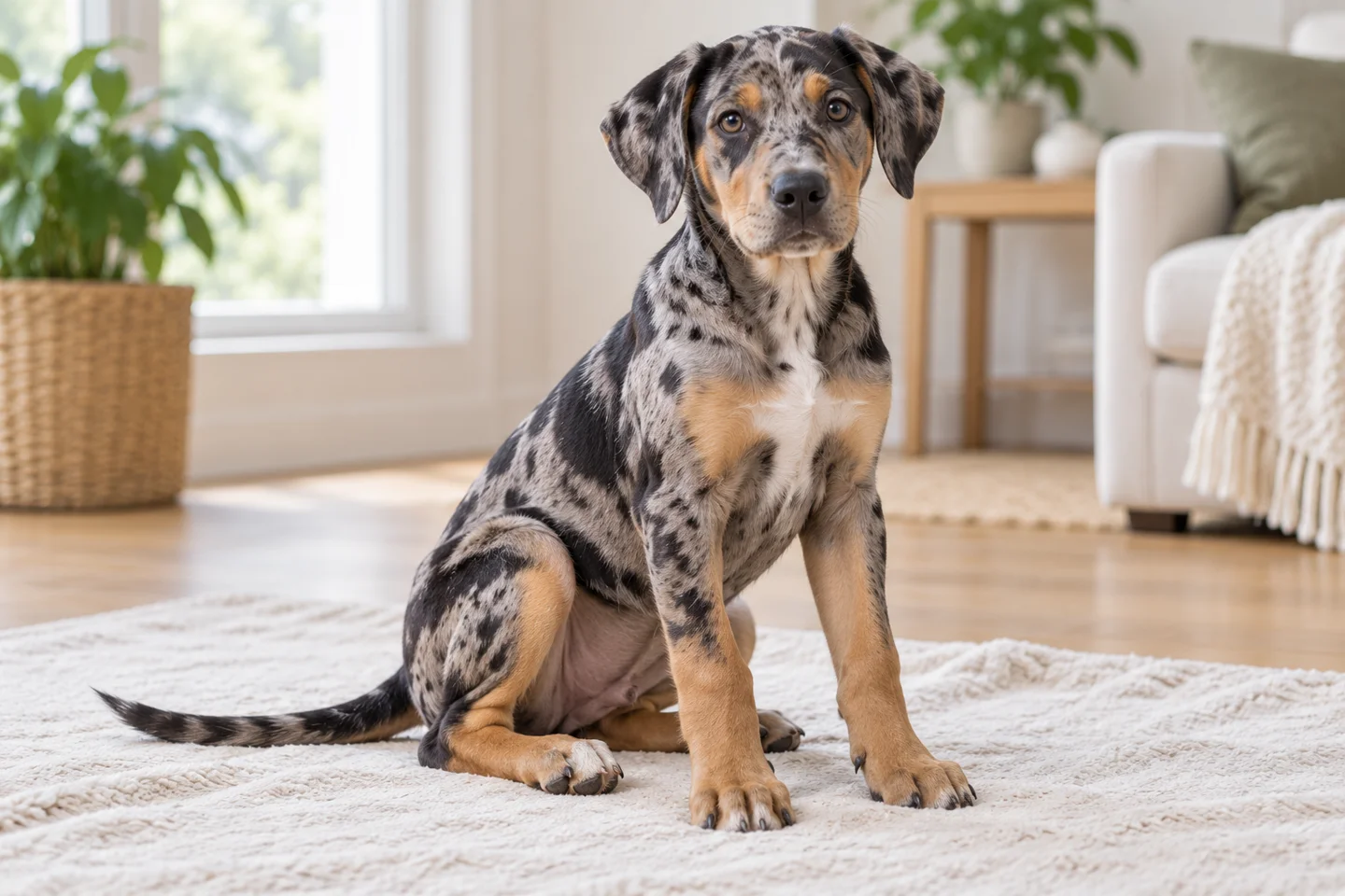 Catahoula Leopard Dog, young dog on a light blanket, showing short blue-leopard coat, brown eyes, natural ears and full tail