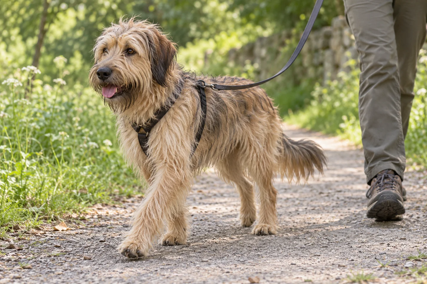 Catalan Sheepdog, adult walking on a lead beside a handler, showing fawn-sable mixed hairs, long rough coat, natural hanging ears and full tail