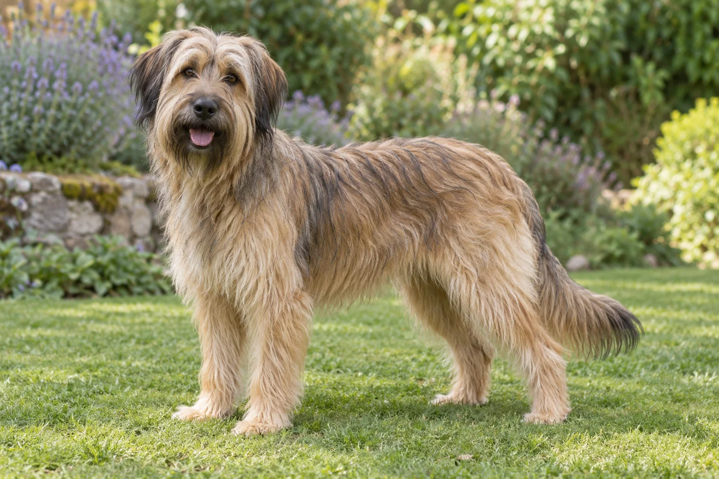 Catalan Sheepdog, adult standing on grass, showing fawn-sable mixed hairs, long rough coat, natural hanging ears and full tail