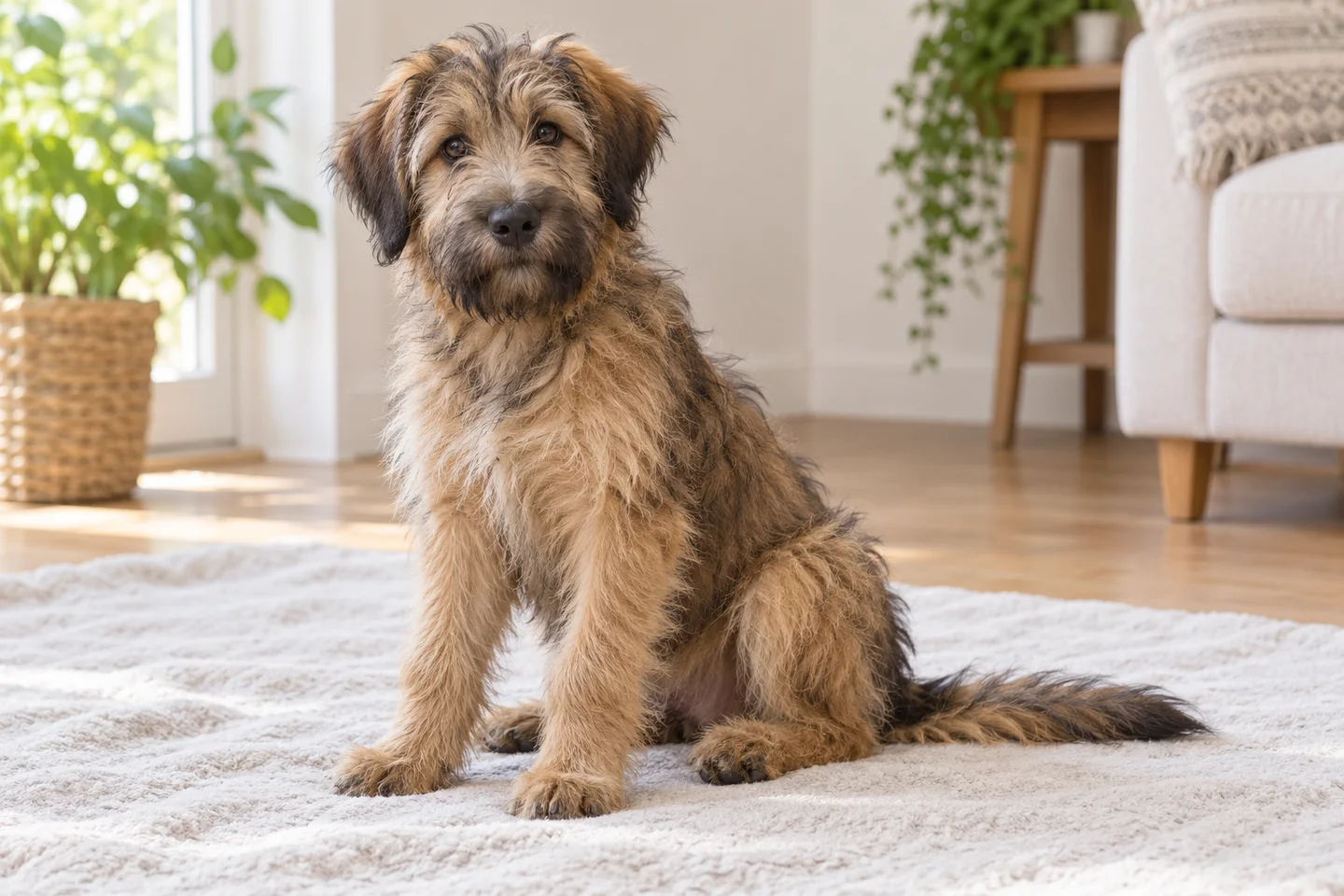 Catalan Sheepdog, young dog on a light blanket, showing fawn-sable mixed hairs, long rough coat, natural hanging ears and full tail