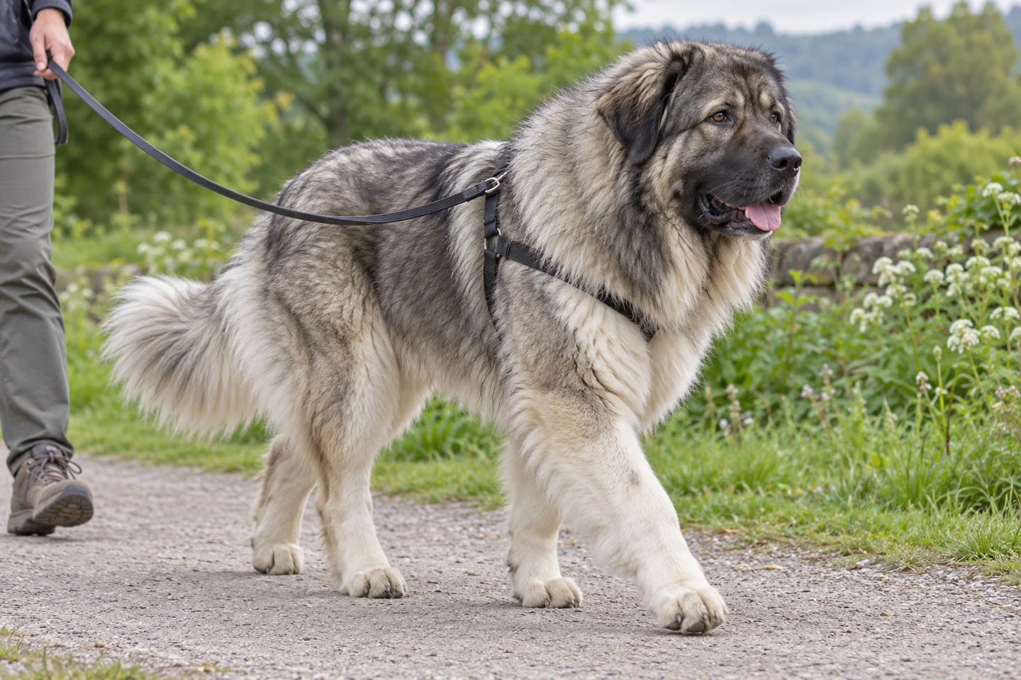 Caucasian Shepherd Dog, adult walking on a lead beside a handler, showing grey, cream and white long coat, natural hanging ears and full tail