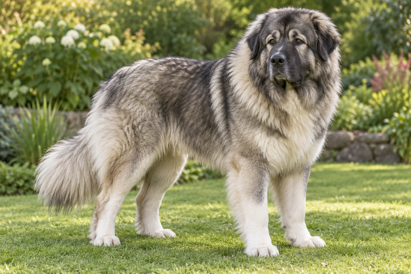 Caucasian Shepherd Dog, adult standing on grass, showing grey, cream and white long coat, natural hanging ears and full tail