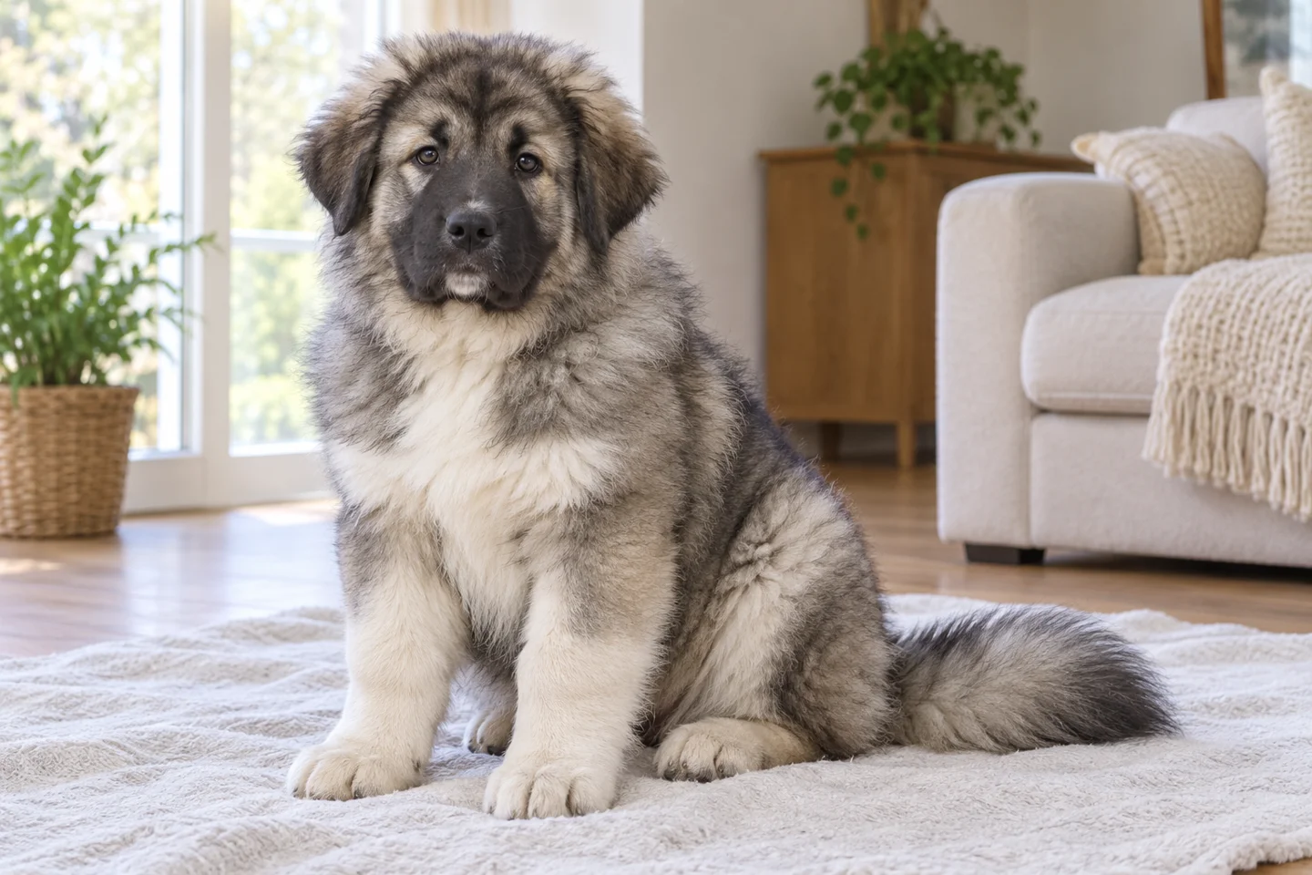 Caucasian Shepherd Dog, young dog on a light blanket, showing grey, cream and white long coat, natural hanging ears and full tail