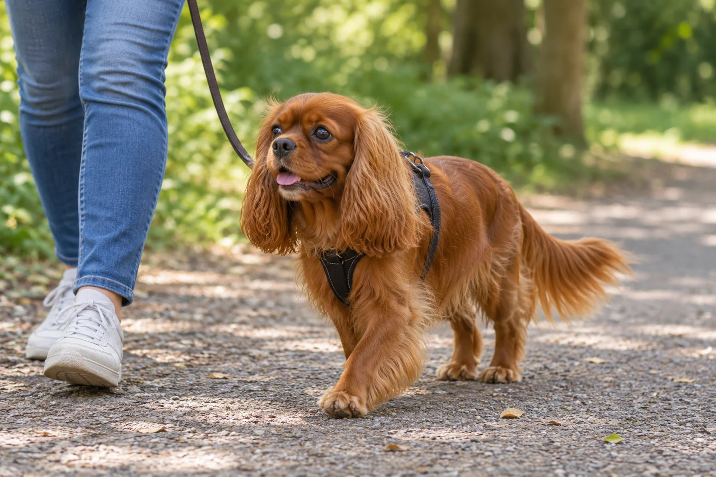 Ruby Cavalier King Charles Spaniel with a red silky coat walking beside a person on a shaded path