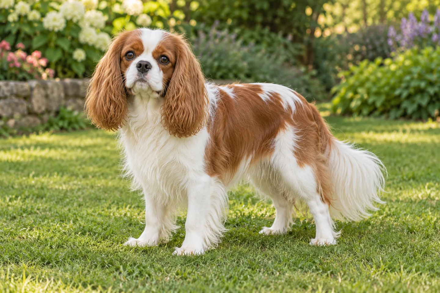 Adult Blenheim Cavalier King Charles Spaniel with chestnut and white feathered coat on grass