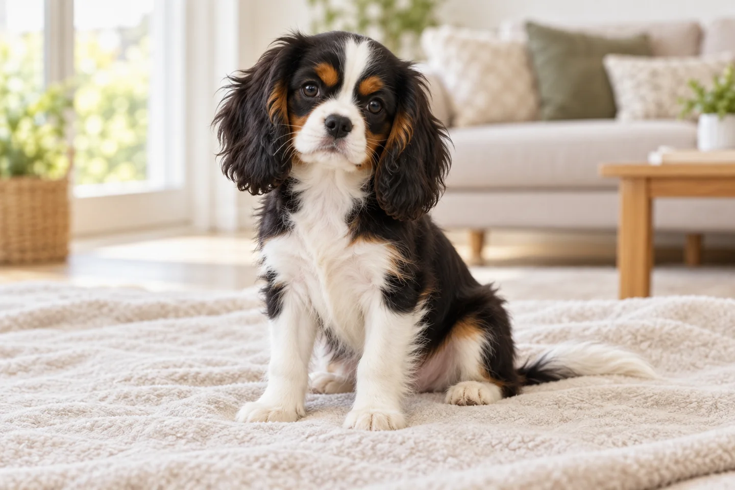 Tricolor Cavalier King Charles Spaniel puppy with black, white, and tan markings sitting indoors