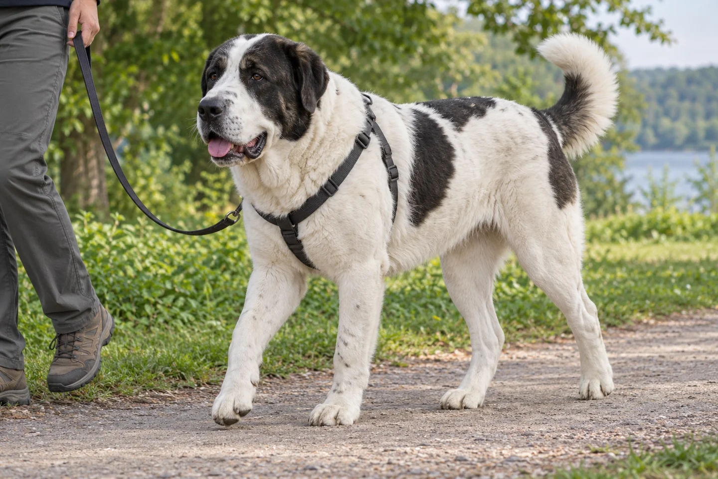 Central Asian Shepherd Dog, adult walking on a lead beside a handler, showing white with black patches, coarse short to medium coat, natural hanging ears and full tail