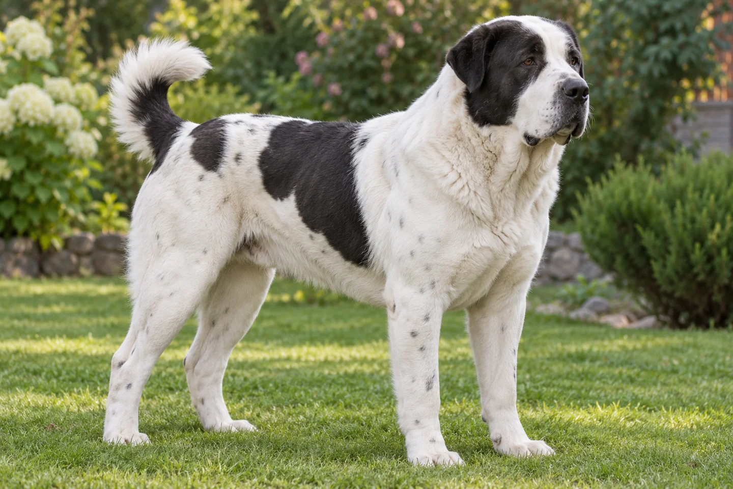 Central Asian Shepherd Dog, adult standing on grass, showing white with black patches, coarse short to medium coat, natural hanging ears and full tail