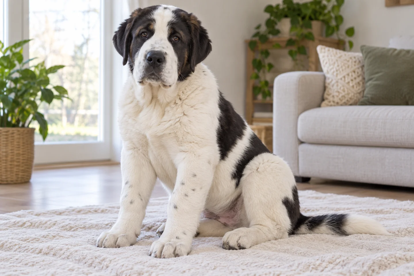Central Asian Shepherd Dog, young dog on a light blanket, showing white with black patches, coarse short to medium coat, natural hanging ears and full tail