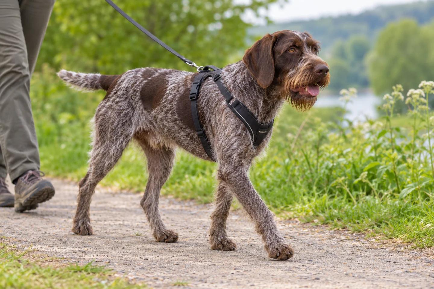 Cesky Fousek, adult walking on a lead beside a handler, showing dark brown roan with brown patches, wiry beard and brows, natural hanging ears and full tail