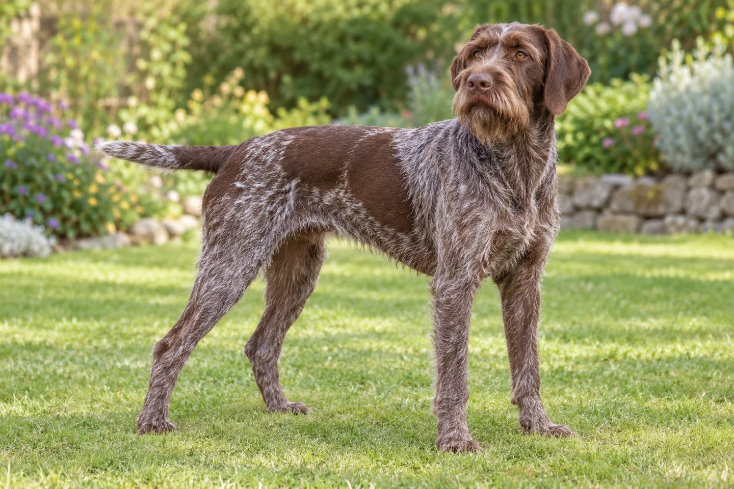 Cesky Fousek, adult standing on grass, showing dark brown roan with brown patches, wiry beard and brows, natural hanging ears and full tail