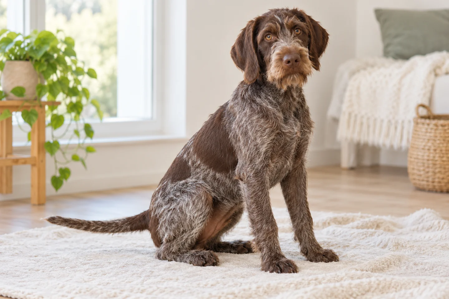 Cesky Fousek, young dog on a light blanket, showing dark brown roan with brown patches, wiry beard and brows, natural hanging ears and full tail