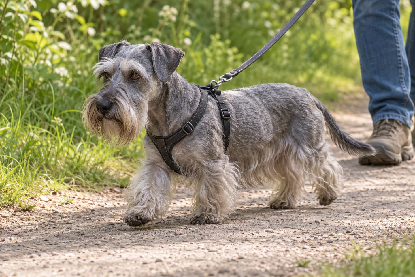Cesky Terrier, adult walking on a lead beside a handler, showing grey-blue adult coat, rectangular short-legged body, natural hanging ears and full tail