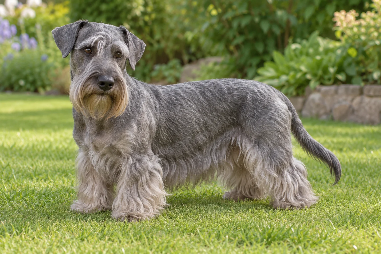 Cesky Terrier, adult standing on grass, showing grey-blue adult coat, rectangular short-legged body, natural hanging ears and full tail