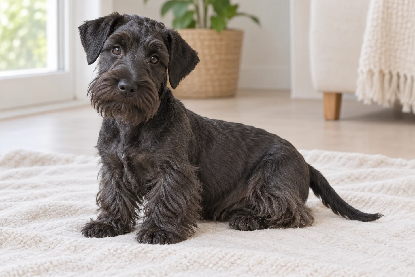 Cesky Terrier, young dog on a light blanket, showing black puppy coat of the grey-blue variety, natural hanging ears and full tail