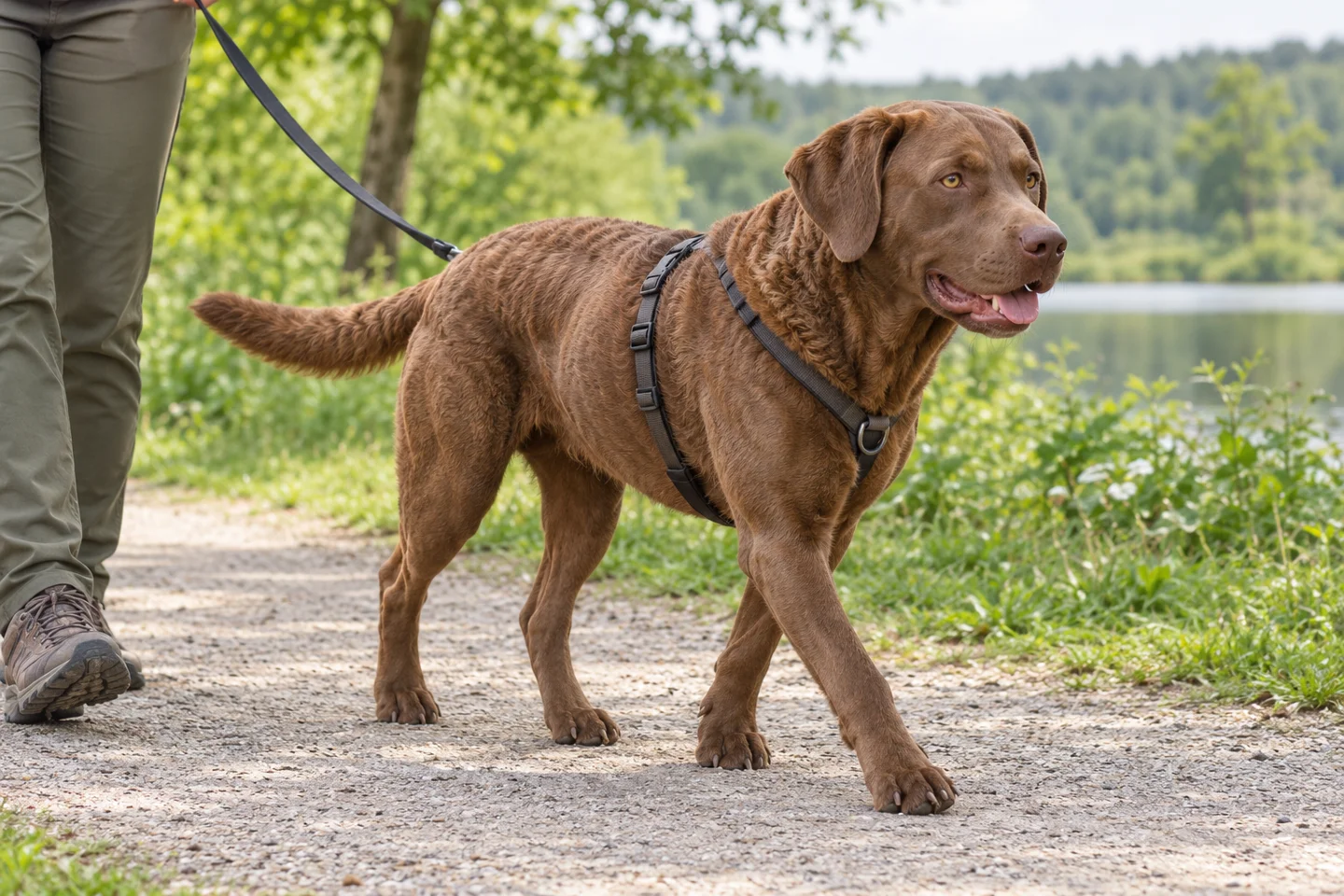 Chesapeake Bay Retriever, adult walking on a lead beside a handler, showing solid medium brown short double coat with limited waves, amber eyes, natural hanging ears and full tail