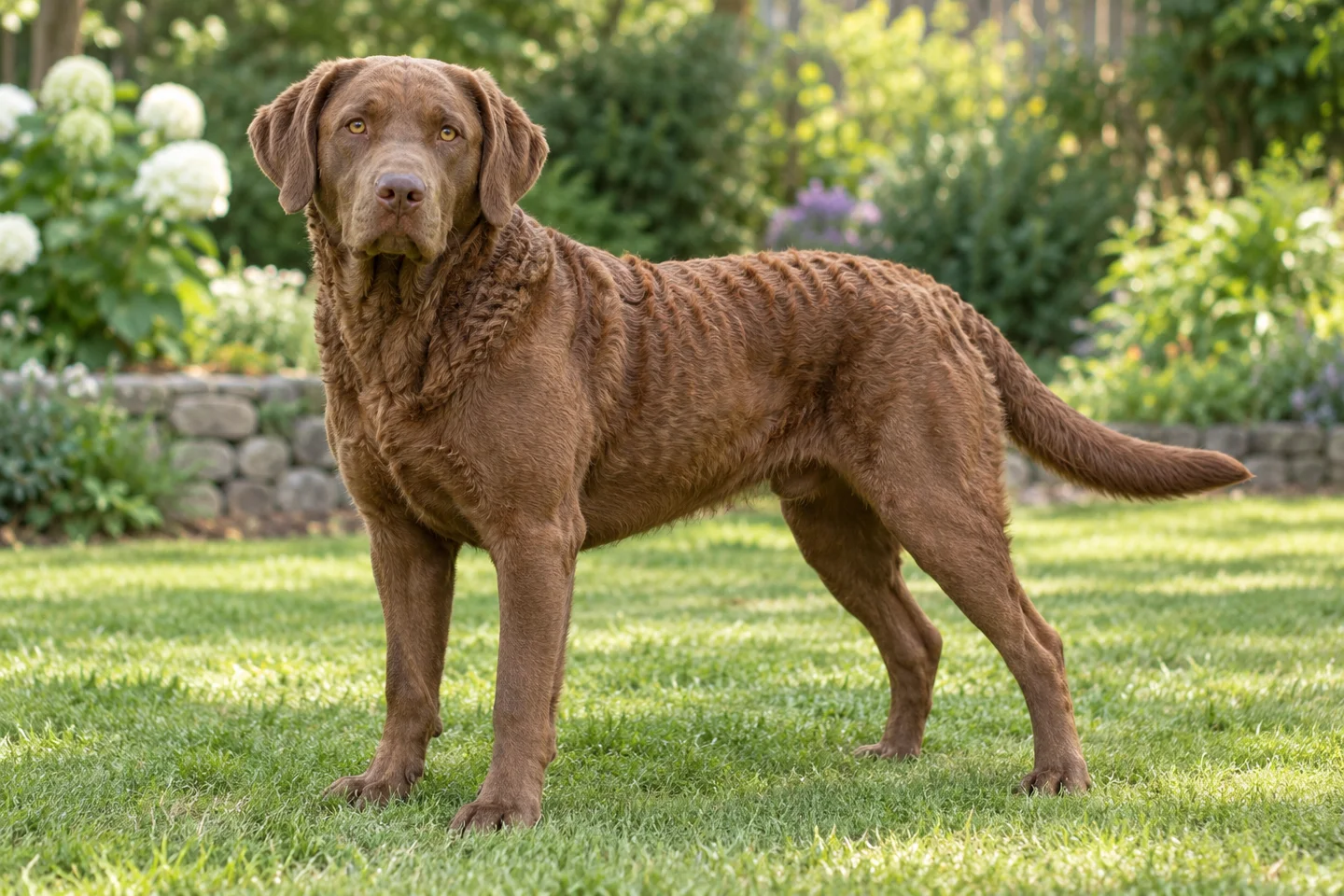 Chesapeake Bay Retriever, adult standing on grass, showing solid medium brown short double coat with limited waves, amber eyes, natural hanging ears and full tail