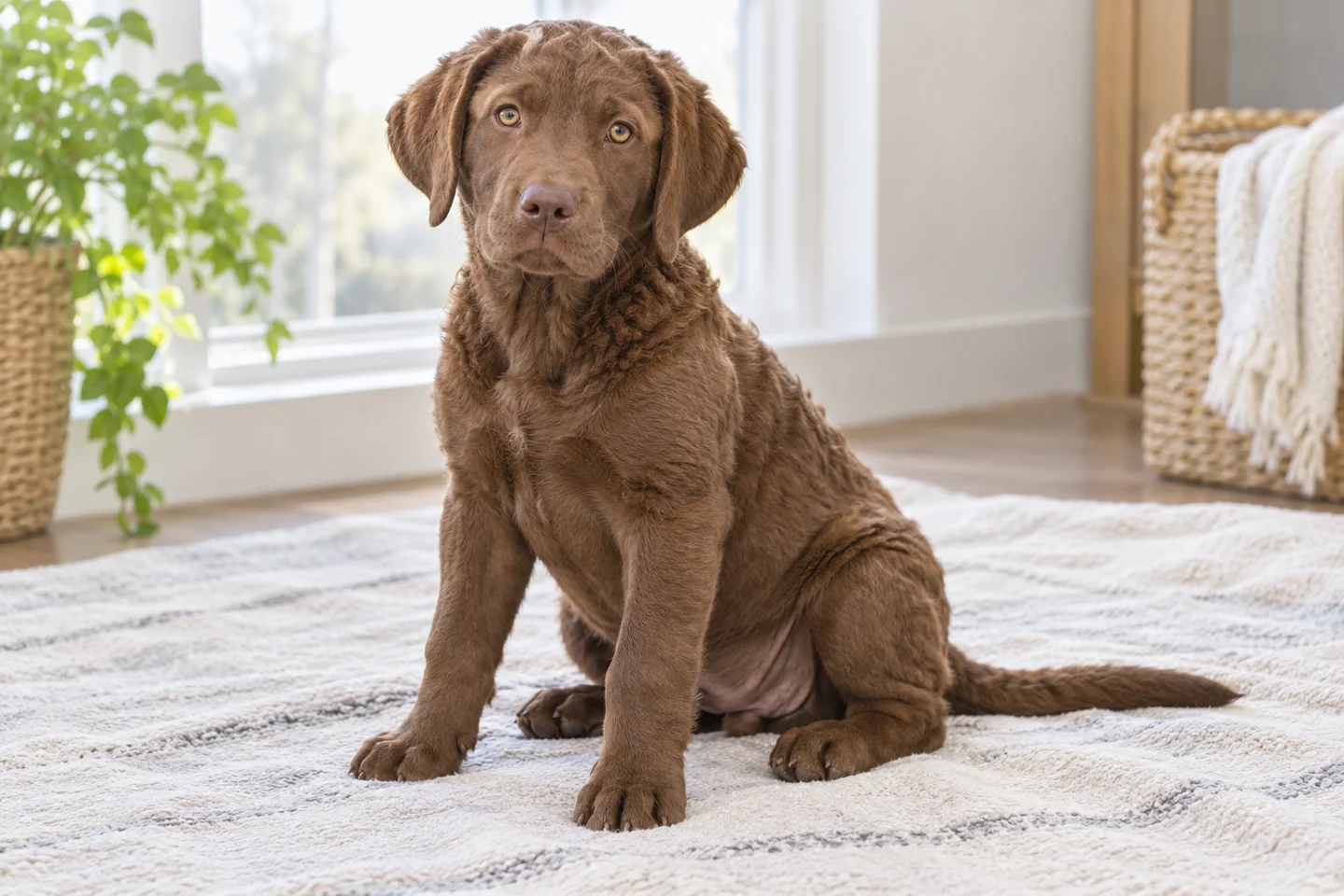 Chesapeake Bay Retriever, young dog on a light blanket, showing solid medium brown short double coat with limited waves, amber eyes, natural hanging ears and full tail