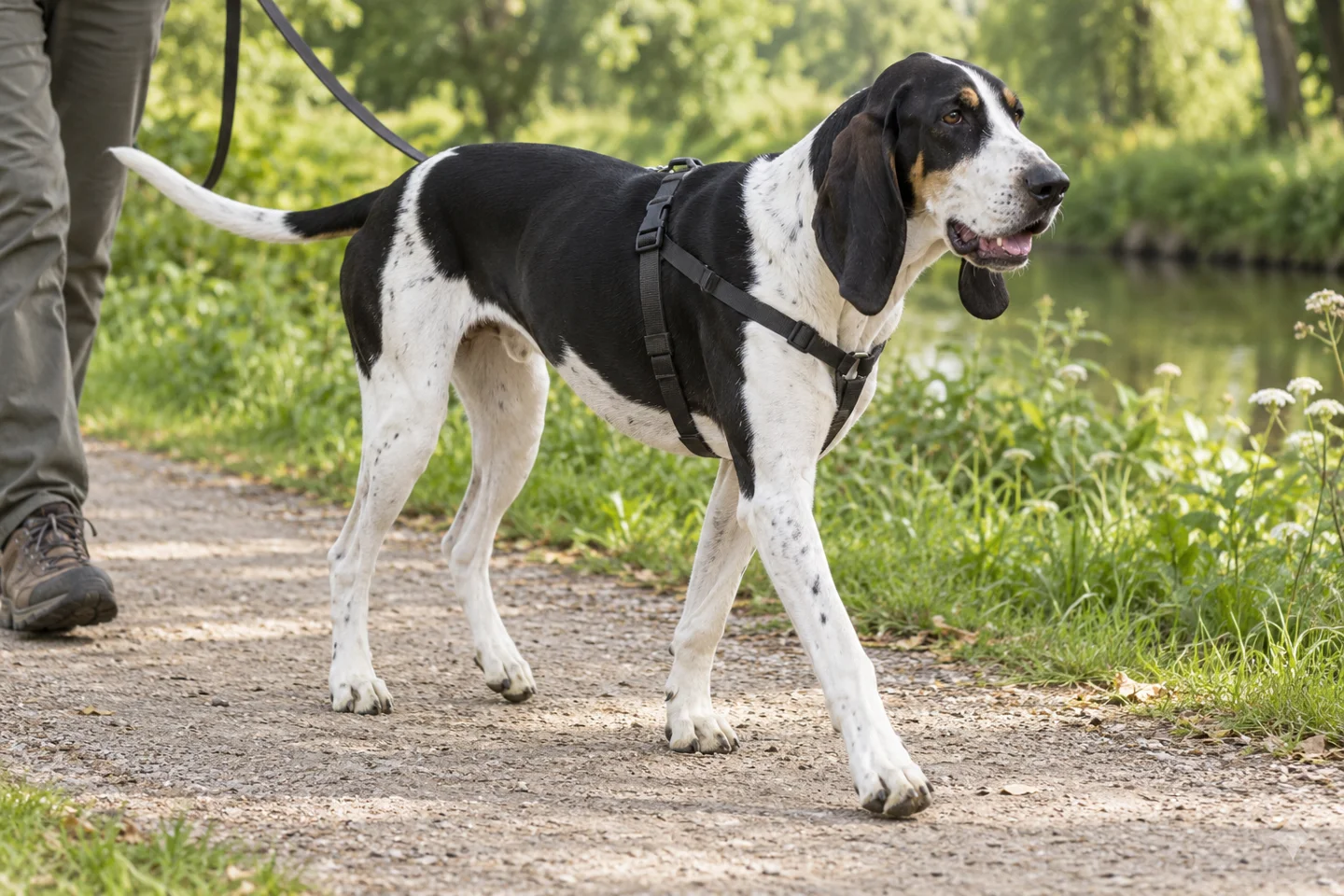 Chien Français Blanc et Noir, adult walking on a lead beside a handler, showing white and black short dense coat with black mantle, long natural hanging ears and full tail