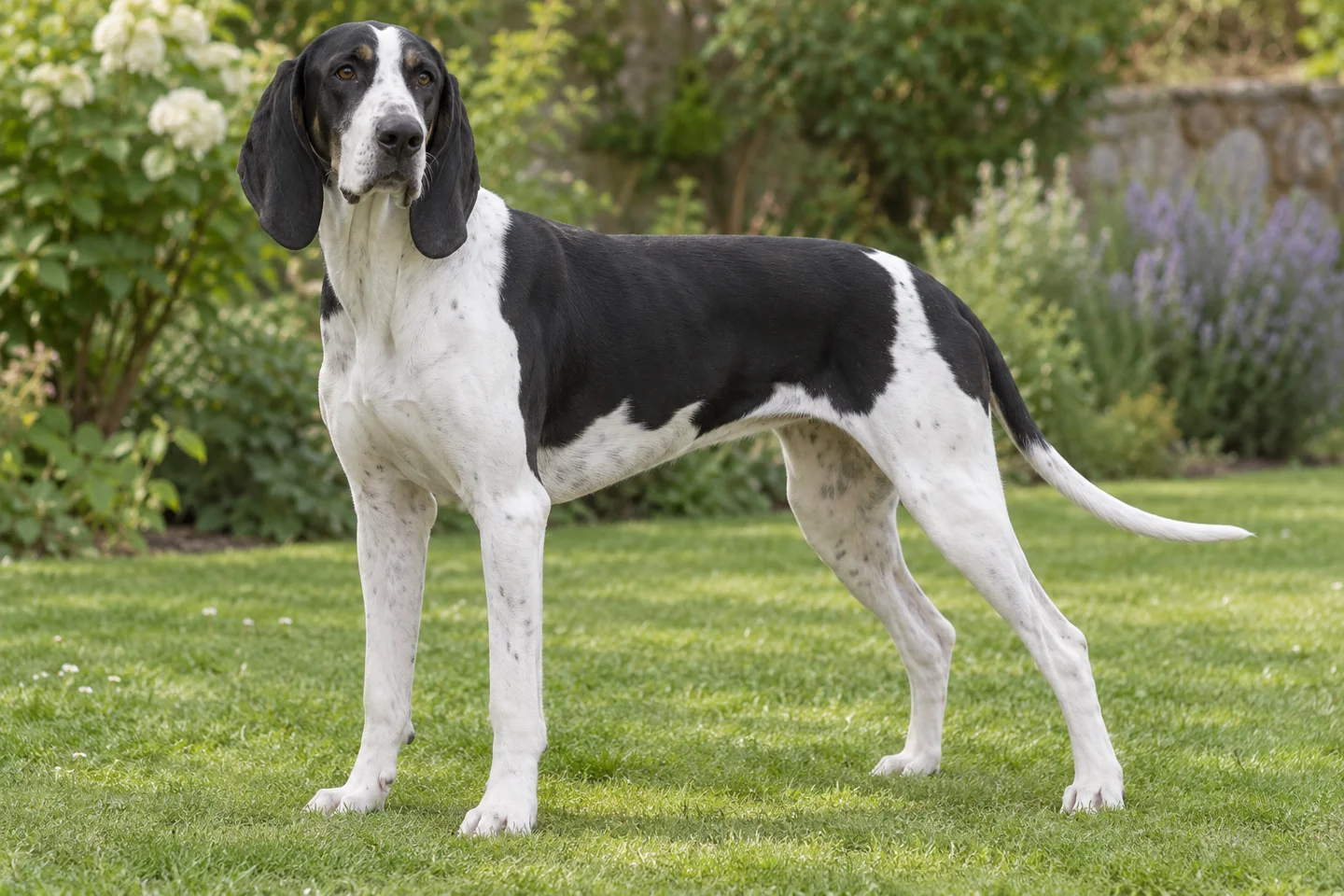 Chien Français Blanc et Noir, adult standing on grass, showing white and black short dense coat with black mantle, long natural hanging ears and full tail