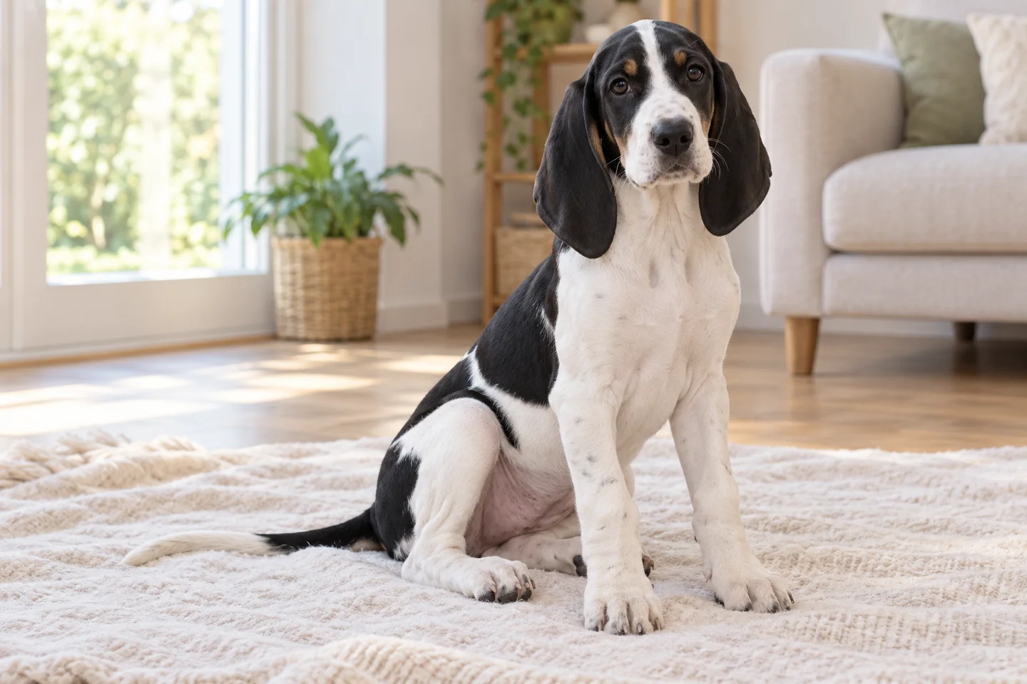 Chien Français Blanc et Noir, young dog on a light blanket, showing white and black short dense coat with black mantle, long natural hanging ears and full tail