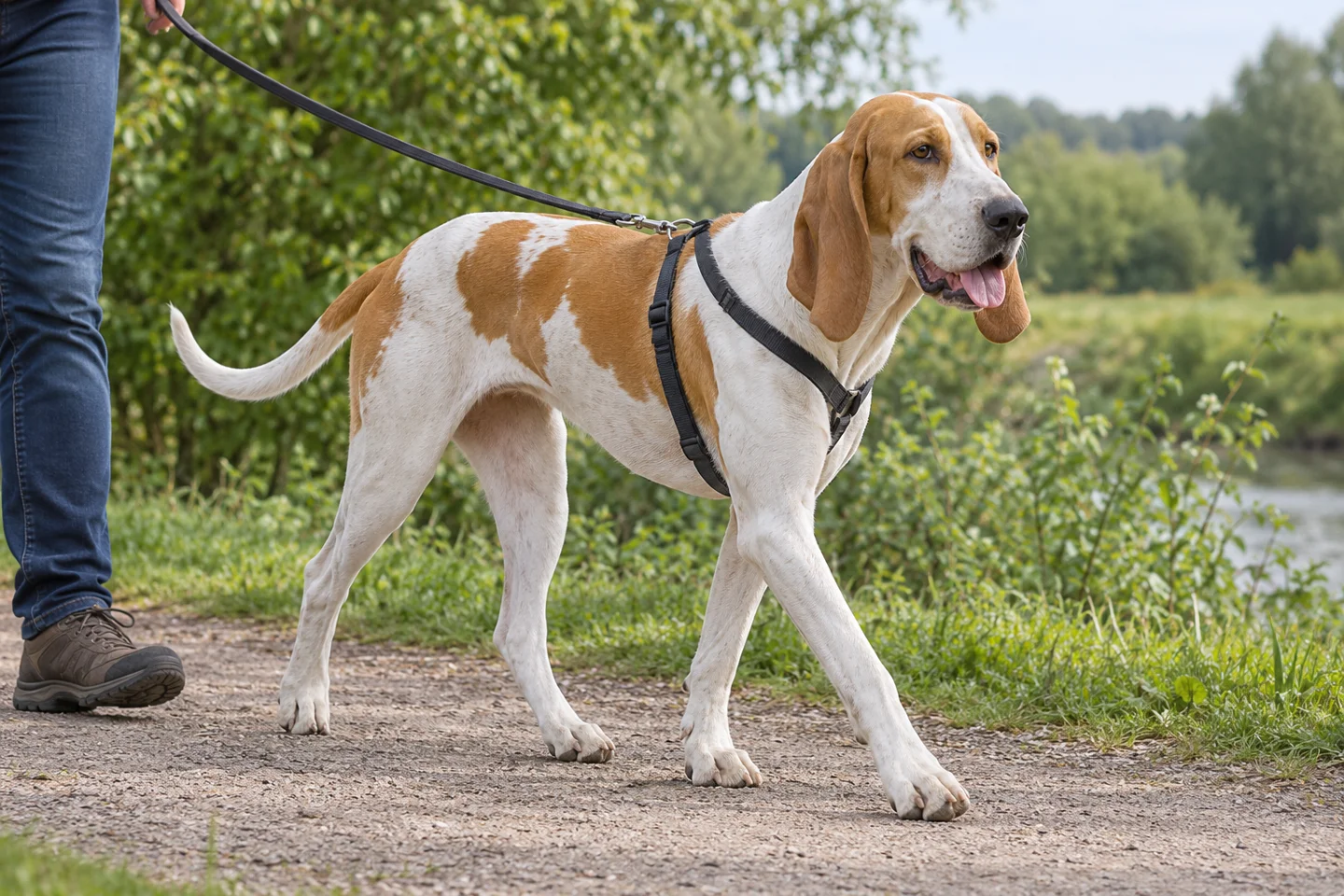 Large French White and Orange Hound with pale orange patches, brown eyes, long natural hanging ears and long tail adult walking in a fitted harness on a loose lead