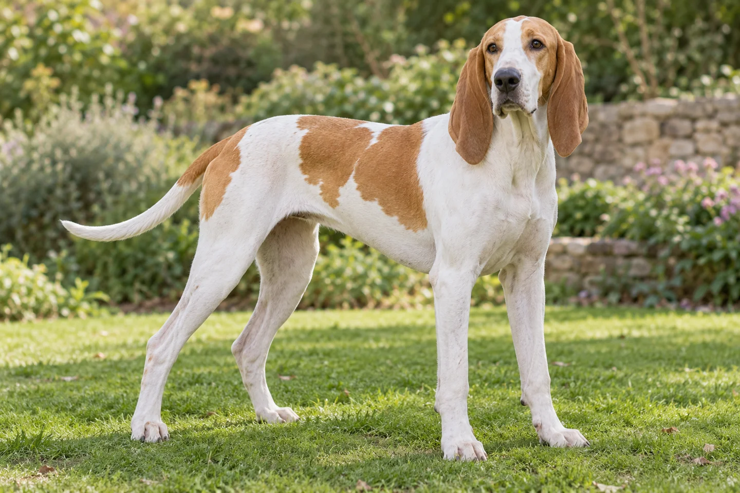 Large French White and Orange Hound with pale orange patches, brown eyes, long natural hanging ears and long tail adult standing in a garden