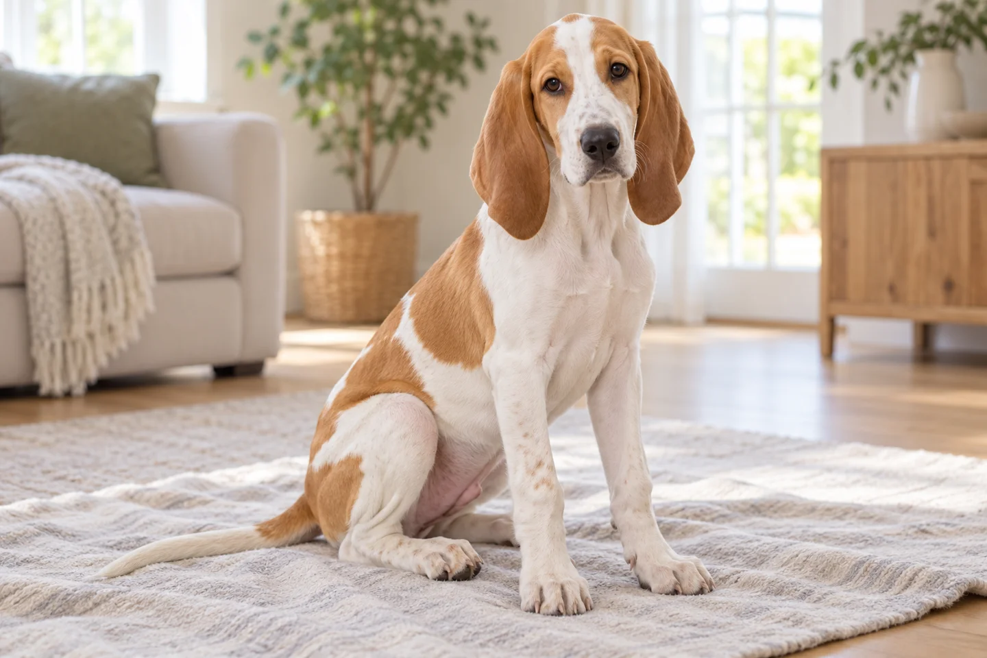 Large French White and Orange Hound with pale orange patches, brown eyes, long natural hanging ears and long tail young dog in a quiet indoor setting
