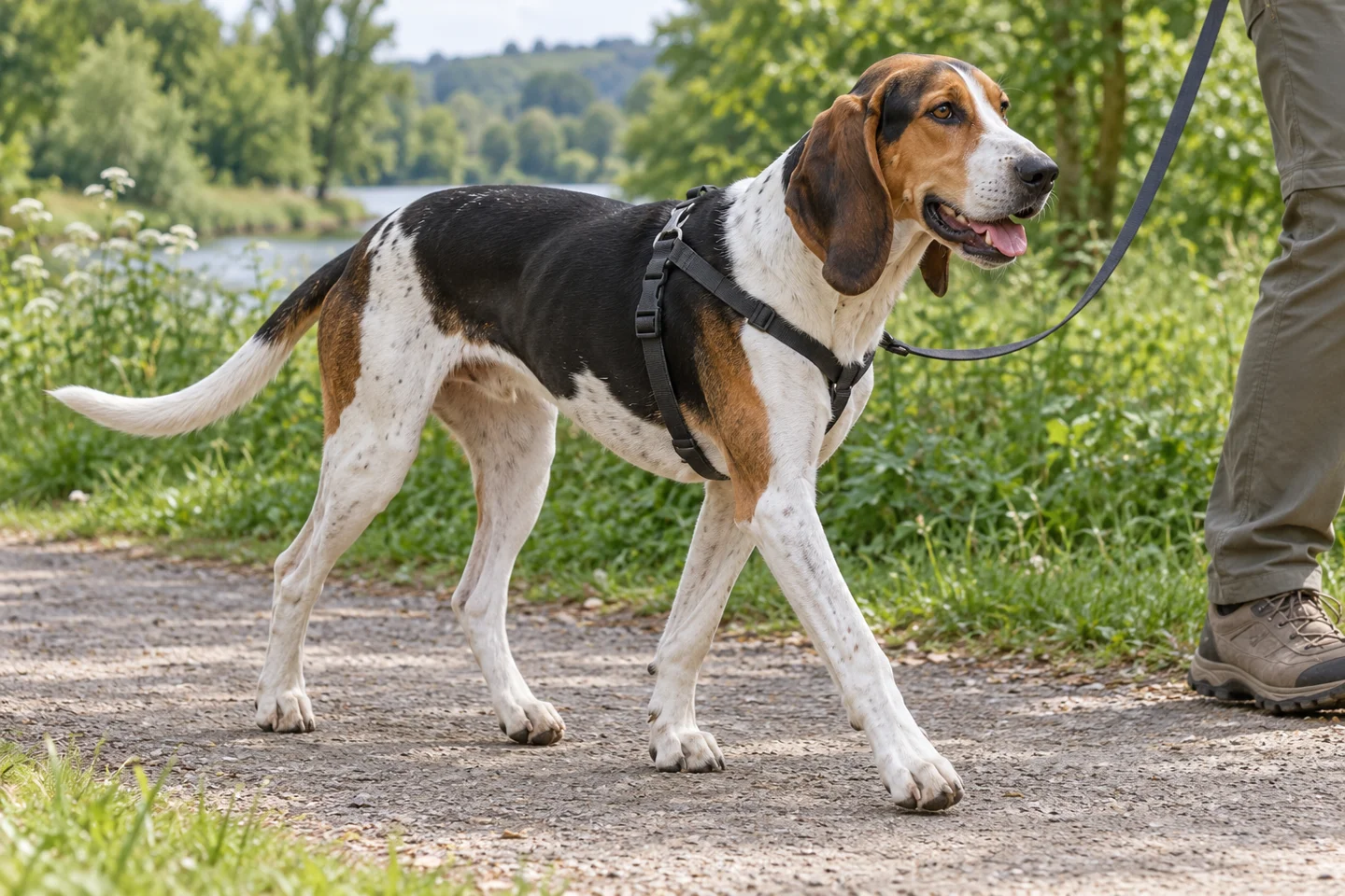 Chien Français Tricolore (large tricolor French pack hound, black saddle and copper tan, natural ears and full tail) walking comfortably beside an adult handler, with natural ears and tail