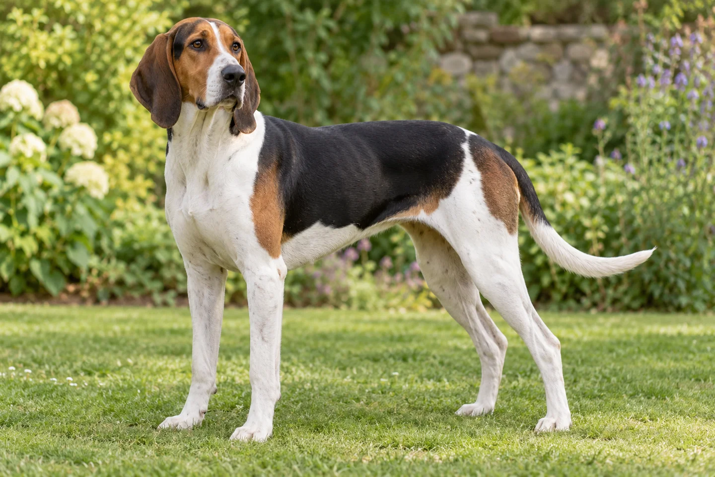 Chien Français Tricolore (large tricolor French pack hound, black saddle and copper tan, natural ears and full tail) adult standing naturally on a garden lawn, with natural ears and tail