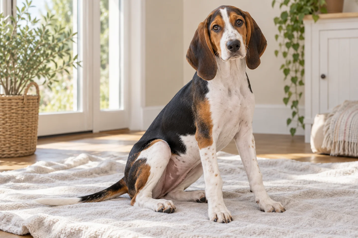 Chien Français Tricolore (large tricolor French pack hound, black saddle and copper tan, natural ears and full tail) young dog resting on a pale blanket, with natural ears and tail