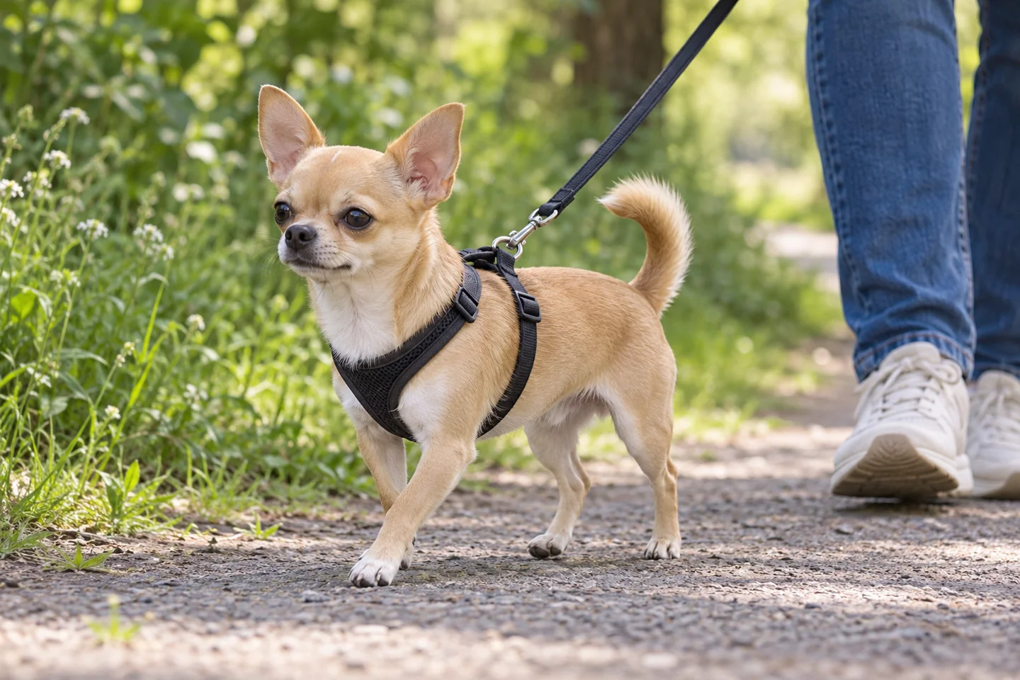 Chihuahua, adult walking on a lead beside a handler, showing smooth fawn coat with small white chest marking, upright ears and full curved tail