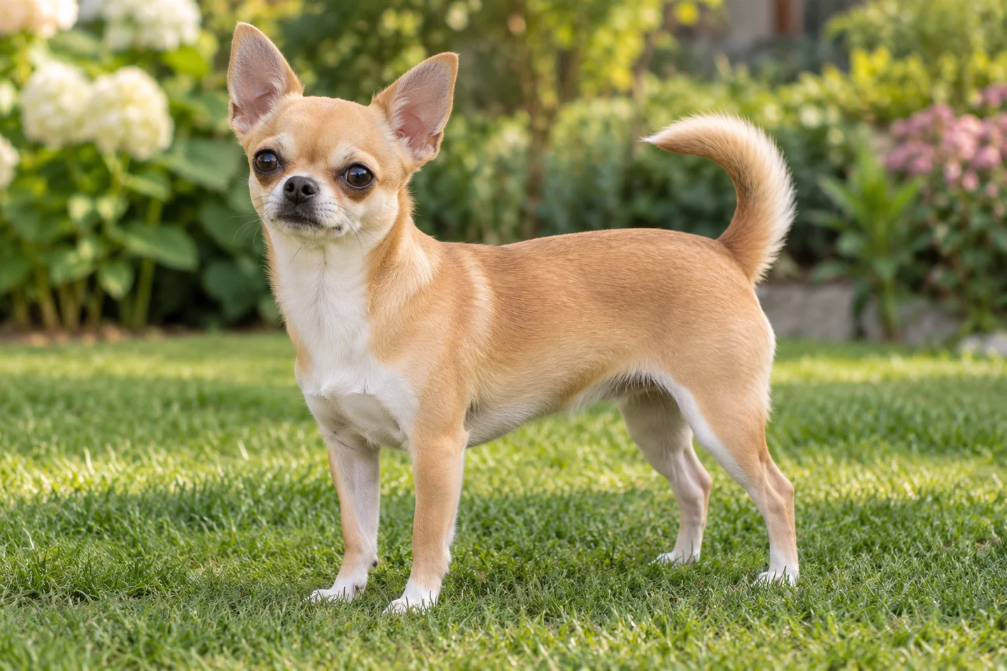 Chihuahua, adult standing on grass, showing smooth fawn coat with small white chest marking, upright ears and full curved tail