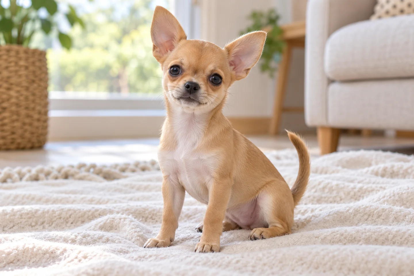 Chihuahua, young dog on a light blanket, showing smooth fawn coat with small white chest marking, upright ears and full curved tail
