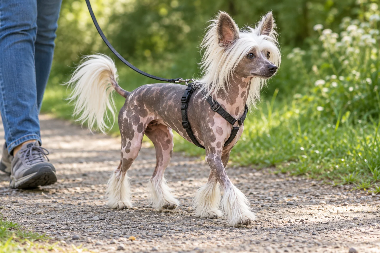 Hairless Chinese Crested with a pale crest, foot furnishings, and natural plumed tail adult enjoying a controlled walk in a fitted harness