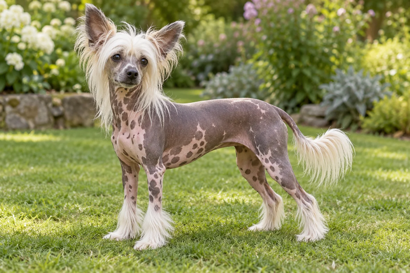 Hairless Chinese Crested with a pale crest, foot furnishings, and natural plumed tail adult standing outdoors with its full body visible
