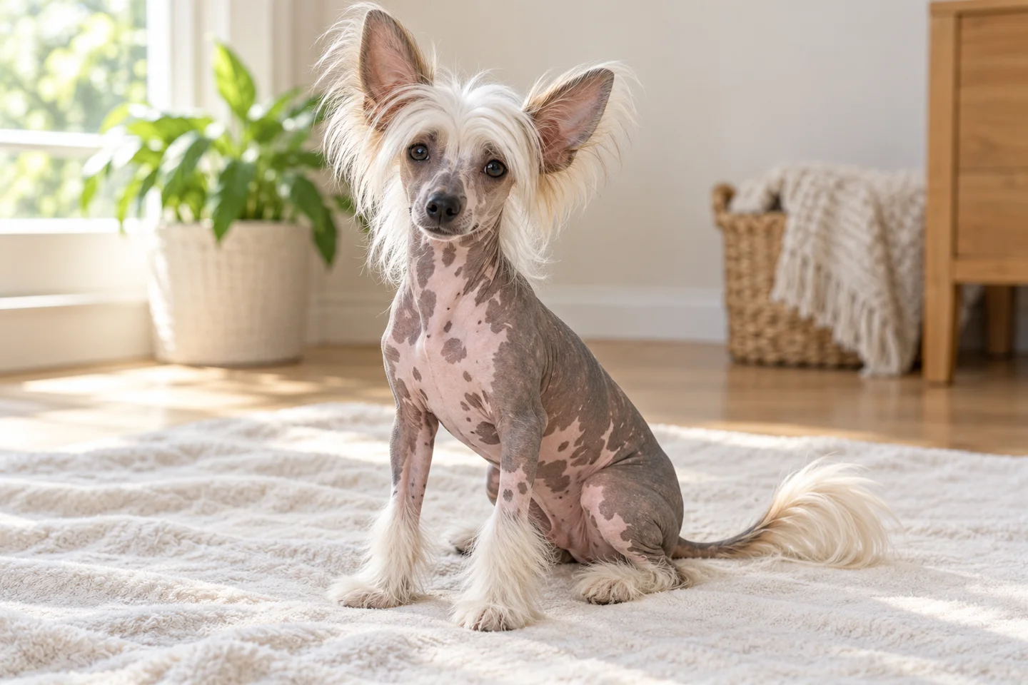 Hairless Chinese Crested with a pale crest, foot furnishings, and natural plumed tail puppy resting in a comfortable indoor setting