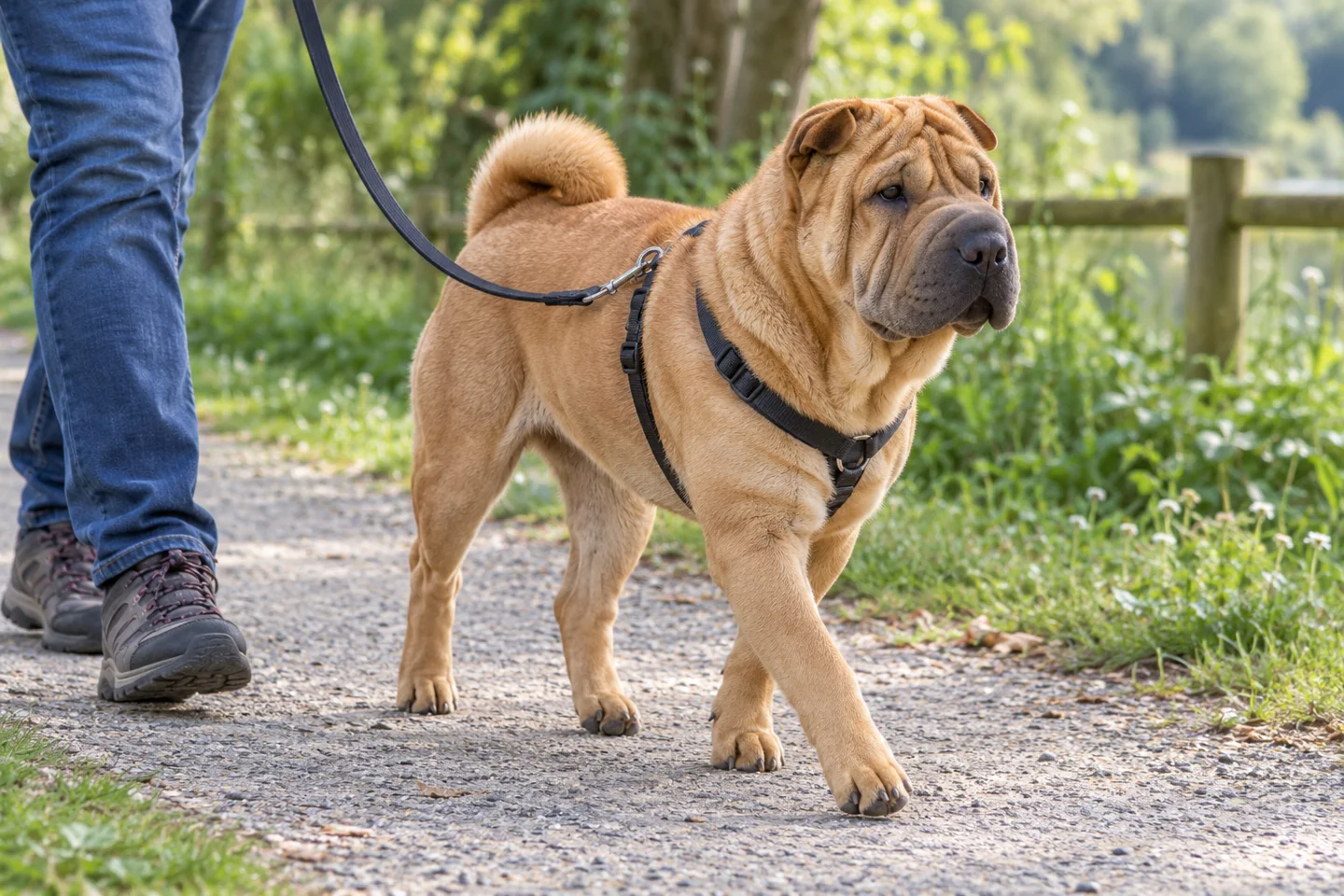 Fawn Chinese Shar-Pei with moderate wrinkles, natural folded ears, and curled intact tail adult enjoying a controlled walk in a fitted harness