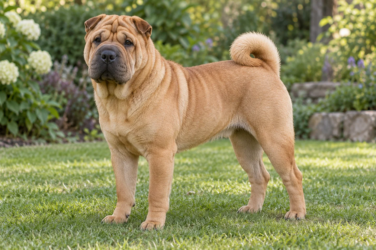 Fawn Chinese Shar-Pei with moderate wrinkles, natural folded ears, and curled intact tail adult standing outdoors with its full body visible