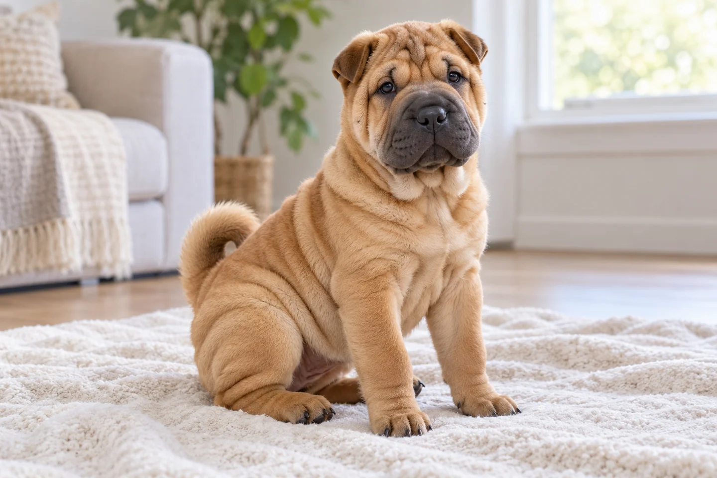 Fawn Chinese Shar-Pei with moderate wrinkles, natural folded ears, and curled intact tail puppy resting in a comfortable indoor setting