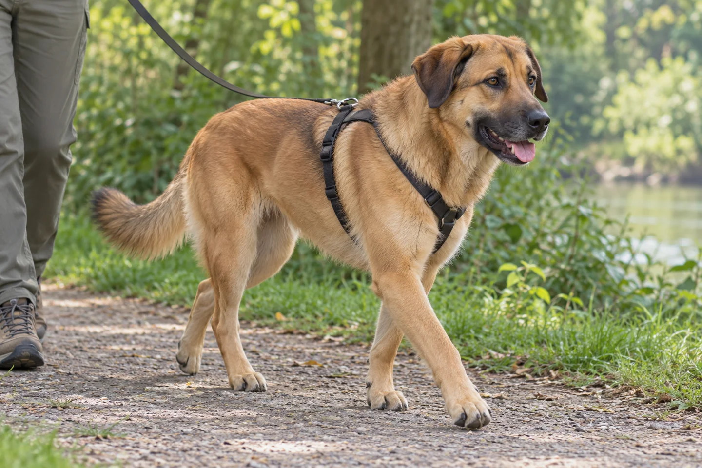Tawny Chinook with darker muzzle, naturally dropped ears, and intact saber tail adult enjoying a controlled walk in a fitted harness
