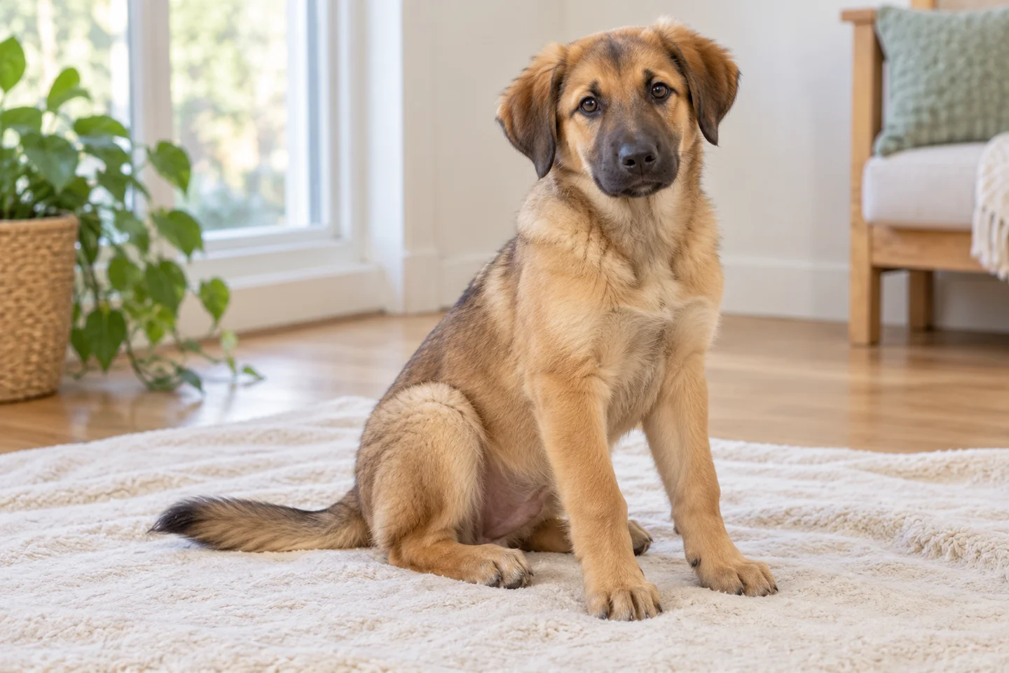 Tawny Chinook with darker muzzle, naturally dropped ears, and intact saber tail puppy resting in a comfortable indoor setting