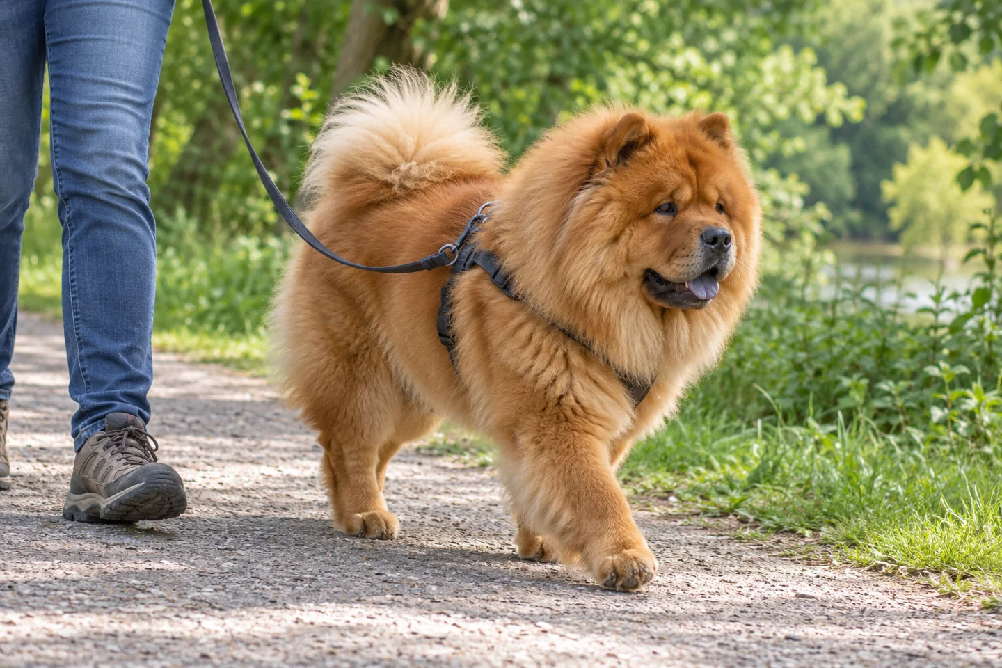 Red rough-coated Chow Chow with small erect ears and natural tail over the back adult enjoying a controlled walk in a fitted harness