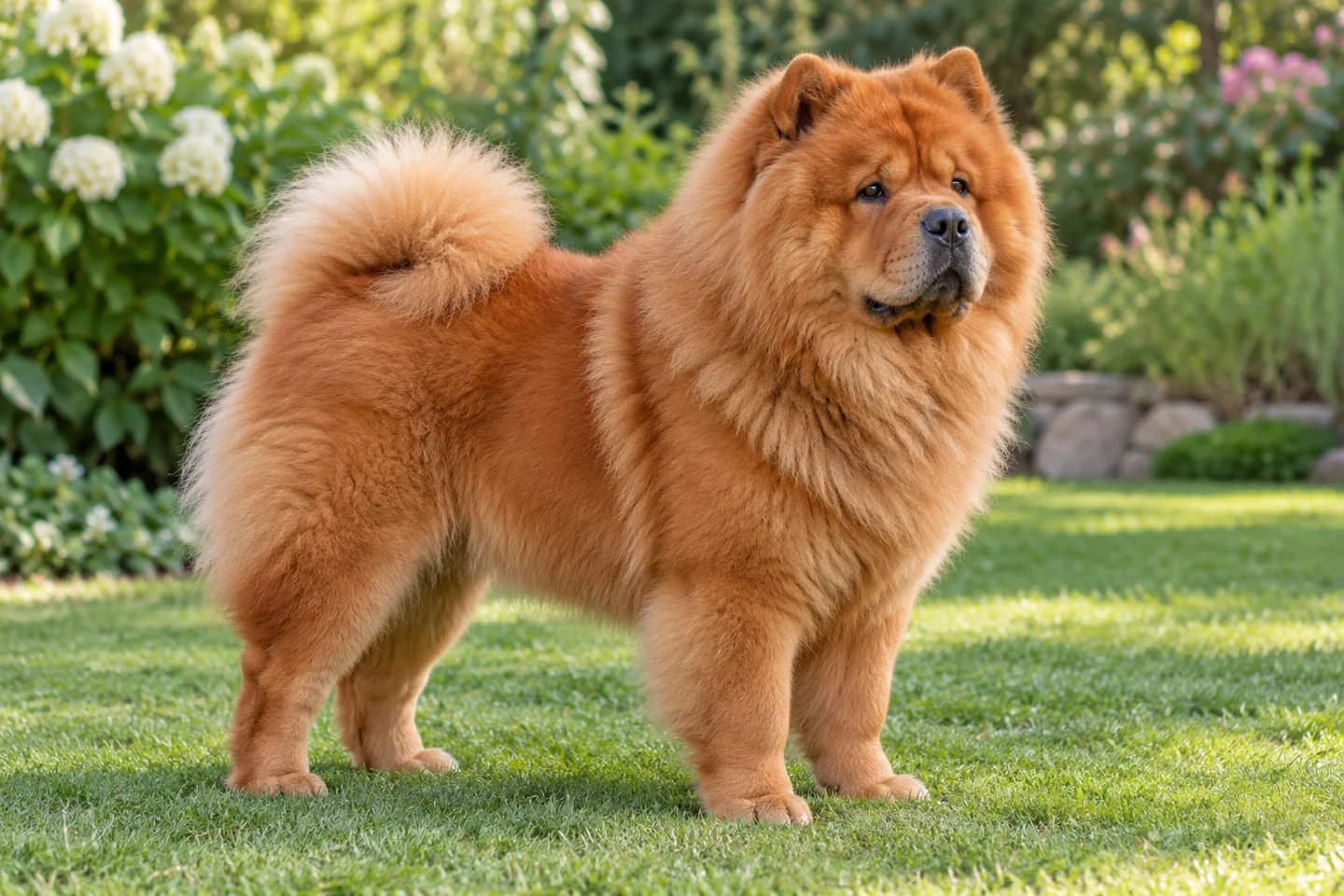 Red rough-coated Chow Chow with small erect ears and natural tail over the back adult standing outdoors with its full body visible