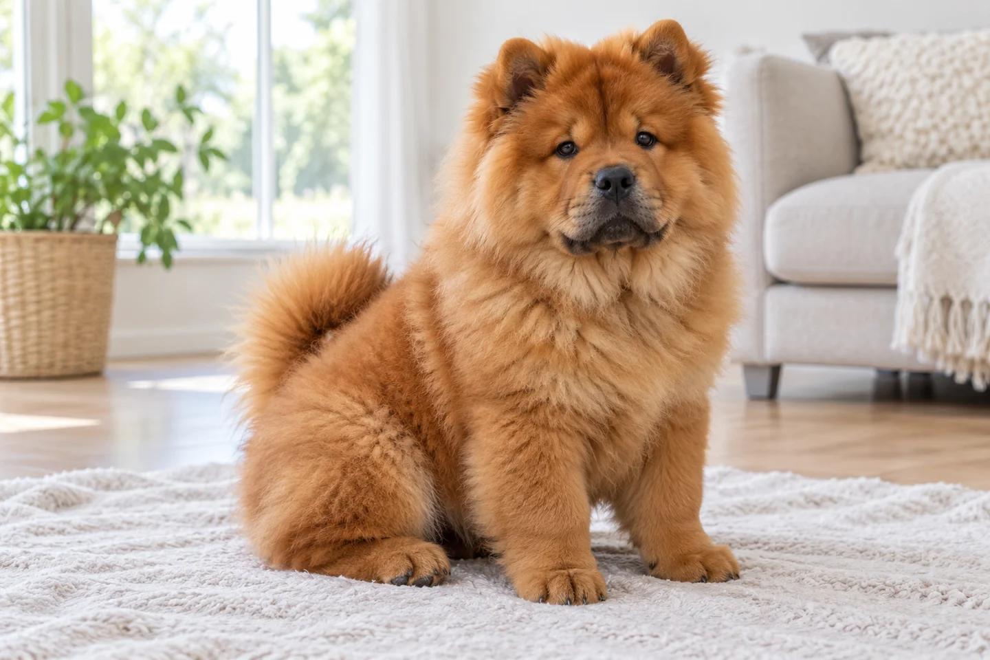 Red rough-coated Chow Chow with small erect ears and natural tail over the back puppy resting in a comfortable indoor setting
