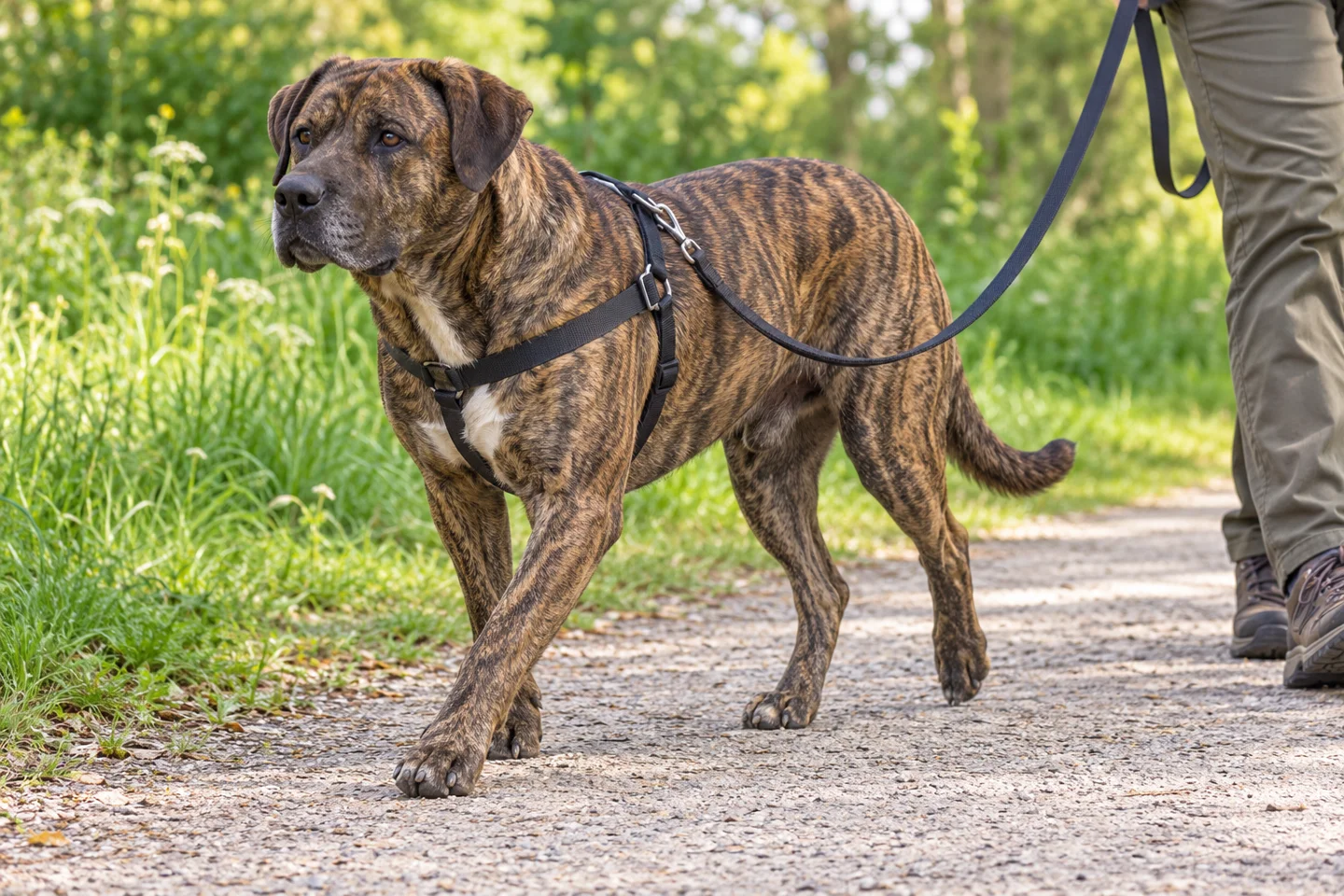 Brindle Cimarrón Uruguayo with intact natural drop ears and long natural tail adult enjoying a controlled walk in a fitted harness