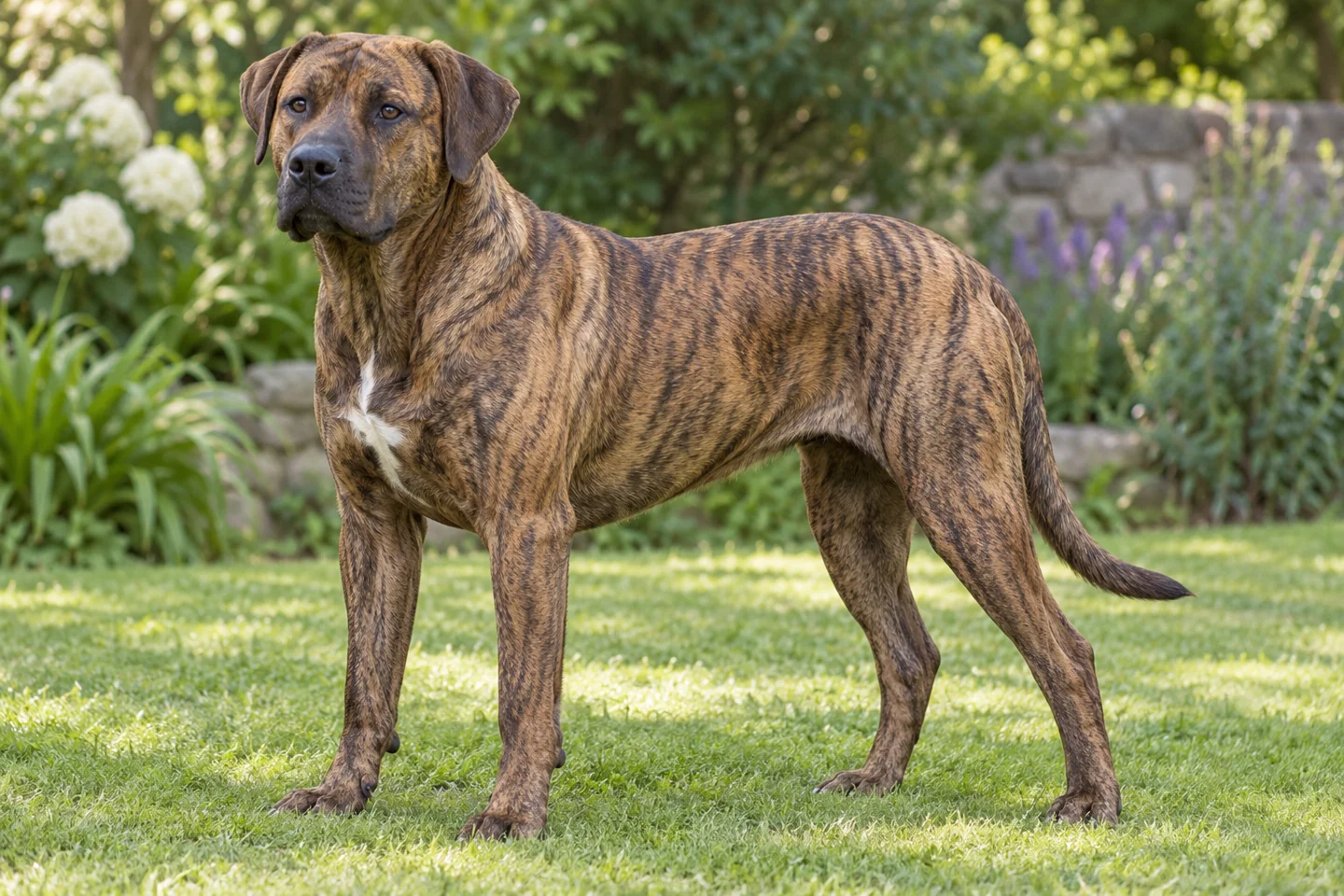 Brindle Cimarrón Uruguayo with intact natural drop ears and long natural tail adult standing outdoors with its full body visible