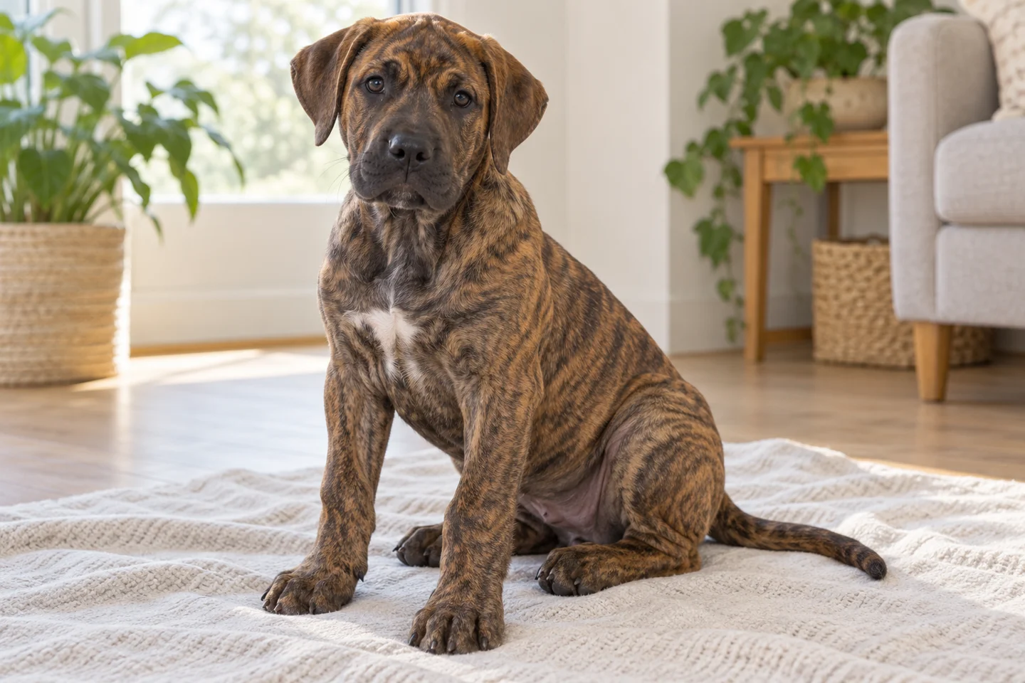 Brindle Cimarrón Uruguayo with intact natural drop ears and long natural tail puppy resting in a comfortable indoor setting