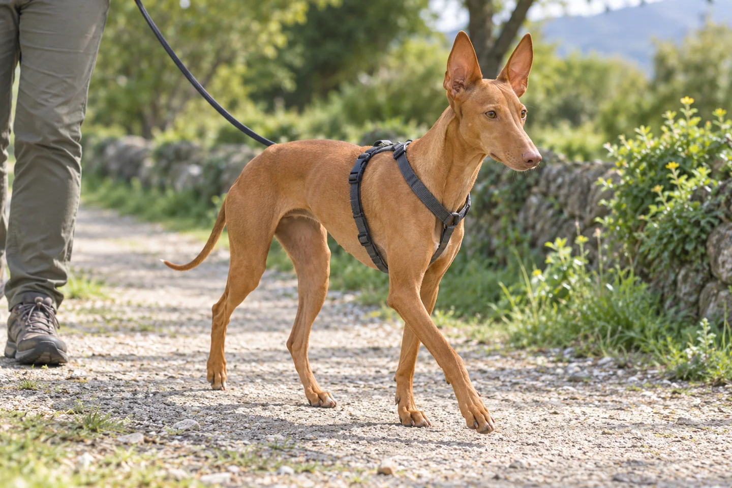 Tan Cirneco dell’Etna with large natural erect ears and long intact tail adult enjoying a controlled walk in a fitted harness